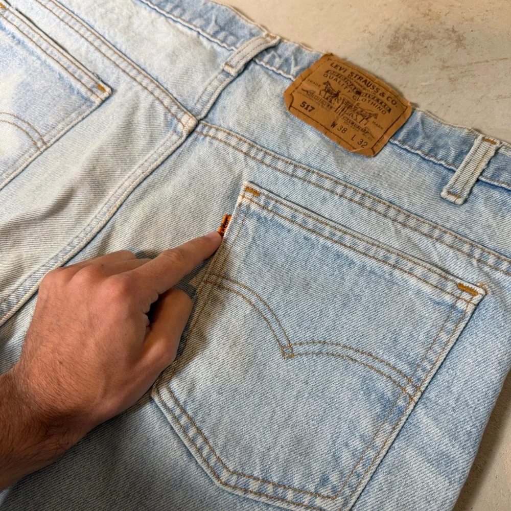 Vintage Levis 517 Orange Tab Jeans Mens 36x32 Light Wash Bootcut Made in USA